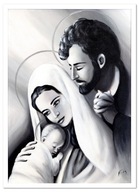 Čiernobiely ručne maľovaný obraz Svätej rodiny v drevenom ráme