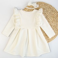 Elegantné dojčenské šaty na krst + bavlnená čelenka ECRU Krst 62