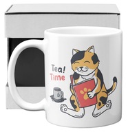 kubek z kotem czytającym księżkę TEA TIME czas na herbatę kot kotek kociara