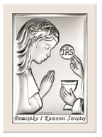 PAMIĄTKA I KOMUNII ŚWIĘTEJ Srebrny Obraz na Komunię dla dziewczynki GRAWER
