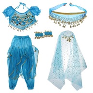 Kostium do tańca brzucha dla dzieci Top z frędzlami, spodnie haremowe, szalik na biodra, niebieski, niebieski