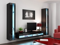 Stena do obývacej izby s LED modrým osvetlením ASHTON N3 - čierna / lesklá