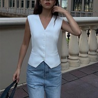 Woman's Vest White V Neck Single Breasted Vintage