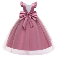 Sukienka na wesele dla dziewczynki różowa długa maxi z kokardą 158