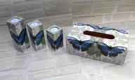 Chustecznik pudełko niebieski motyl + 3 świeczniki