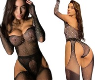 Sexy komplet bielizna erotyczna body i pończochy bodystocking z cyrkoniami