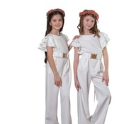 Kombinezon Anagri elegancki długie spodnie falbanki pasek biały r.134