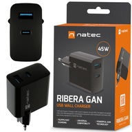 SZYBKA ŁADOWARKA SIECIOWA DO TELEFONU NATEC GAN 1XUSB-A +1XUSB-C 45W CZARNA