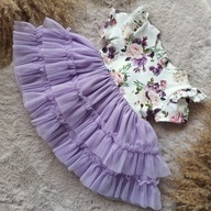 Sukienka dla dziewczynki tiulowa kwiaty falbanki roczek wesele liliowa 86
