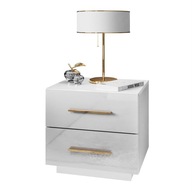 Nočný stolík LINA LUX biely s doskou v lesku LED úchyty zlatý chróm