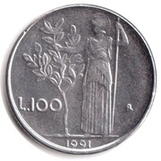 WŁOCHY 100 litrów 1991, KM#96.2, typ "mały", XF