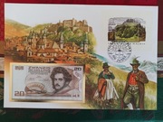 Koperta z banknotem Austria 20 szylingów 