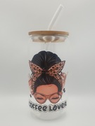 Kubek szklany z bambusowa pokrywką i słomką Kobieta panterka Coffee Lover