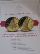 MEDAL ZŁOTY-100 Rocznica Urodzin Jana Pawła II- Au