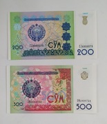 zestaw banknotów 200 i 500 sum ,2 szt. Uzbekistan 