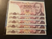 5 banknotów 100 zł 1988 kolejne numery