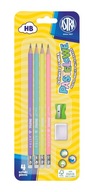 Ołówki pastelowe HB z miarką i gumką, 4 sztuki + temperówka + gumka