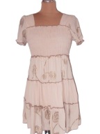 BEŻOWA SUKIENKA ZŁOTE WZORY FALBANY 34 36