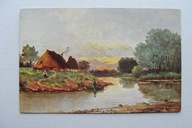 CHATY NAD STAWEM ŁÓDKA przedwojenna POCZTÓWKA