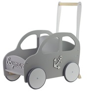 PRODUKT POLSKI - DREWNIANY WÓZEK AUTO PCHACZ + IMIĘ + regulowana rączka