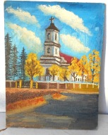 Niemenczyn -Kościół -obraz olejny na dykcie,Litwa