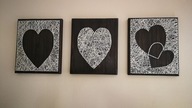 String art obraz, tryptyk, serca, postarzany.