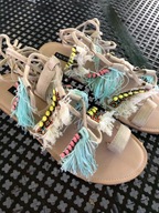 Sandały Miętowo Beżowe Frędzle Kamyki Nowe 37