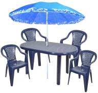 ZESTAW MEBLI OGRODOWYCH 4X KRZESŁO+STÓŁ+NIEBIESKI PARASOL TWORZYWO SZTUCZNE