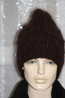 czapka damska beanie rekodzielo moher braz czekoladowy warkocze XL
