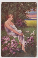 Dziewczyna nad wodą gołębie łąka Kwiaty ok.1920r. malował Jandl