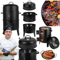 GRILL OGRODOWY WĘGLOWY + WĘDZARNIA PALENISKO TERMOMETR OKRĄGŁY PRZENOŚNY