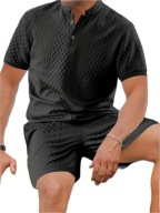 Męski Letni Zestaw Old Money – Koszula Krótki Rękaw Henley Szorty - Czarny