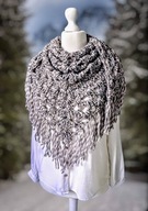 PIĘKNA DUŻA ZIMOWA WEŁNIANA CHUSTA BOHO Z FRĘDZLAMI SZARO/BIAŁA_NA PREZENT