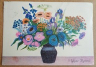 POCZTÓWKA - MARIA MACKIEWICZ - KWIATY - grafika autorska, obieg lata 80-te