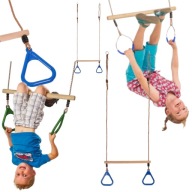 HUŚTAWKA DREWNIANA TRAPEZ GIMNASTYCZNY Z OBRĘCZAMI UCHWYTAMI DLA DZIECI