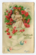 URODZINY - AMOREK Z ŁUKIEM I STRZAŁAMI, GOŁĘBIE POCZTOWE I RÓŻE - c. 1910