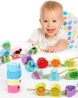 Klocki Drewniane Edukacyjne do Nawlekania Koraliki Montessori Układanka