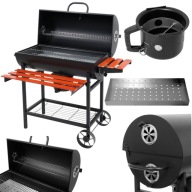 GRILL OGRODOWY WĘGLOWY Z POKRYWĄ I PÓŁKAMI CZARNY BECZKA RUSZT LUND 71x35CM