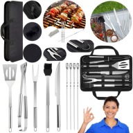 AKCESORIA DO GRILLA ZESTAW ZE STALI NIERDZEWNEJ 9w1 SZCZYPCE PRZYBORY ETUI