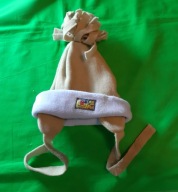 Beżowo-niebieska, polarowa czapka z nausznikami