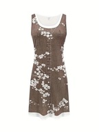 SUKIENKA BRĄZOWA W BIAŁE KWIATY WYGODNA LUZNY STYL SEXY basic minimalizm