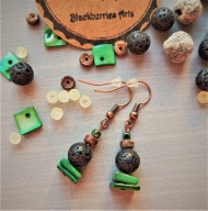 ETNO kolczyki zielona masa perłowa czarna lawa drewno kokos BlackberriesArt