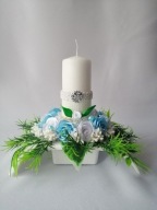 Stroiki Komunia Świeca IHS Kwiaty Atłasowe Biało - Błękitne