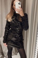 Zara czarna cekinowa sukienka mini poduszki drapowana XS 34