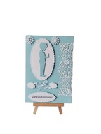 ZAWIADOMIENIA KOMUNIA CHŁOPIEC Z ŚWIECĄ W RAMCE B6 BŁĘKIT - BIEL