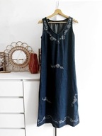 Długa jeansowa sukienka vintage boho maxi z haftowanymi kwiatami Bluenote