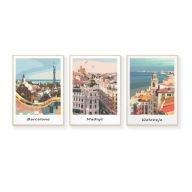 Plakaty turystyczne Hiszpania, Barcelona, Madryt, Walencja, 3x30x40cm.