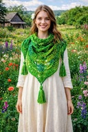 BESTSELLER_PIĘKNA WEŁNIANA MIĘKKA SZYDEŁKOWA CHUSTA BOHO Z TRZEMA CHWOSTAMI