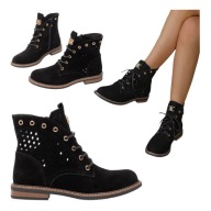 Damskie Botki Ażurowe na Płaski Obcasie Skórzane Zamszowe Letnie Czarne 36