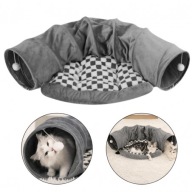 TUNEL DO ZABAWY Z POMPONAMI I LEGOWISKIEM DLA KOTA, SZARY WELUR, KRATKA